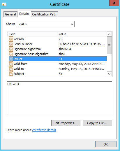 Screenshot: Self-signed certificate created by Exchange Server setup